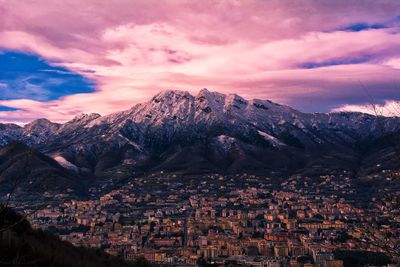 Aerial view of townscape against sky during sunset