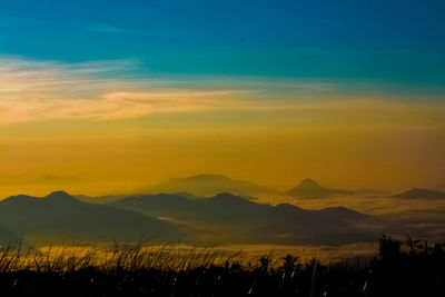 Scenic view of silhouette mountains against sky during sunset