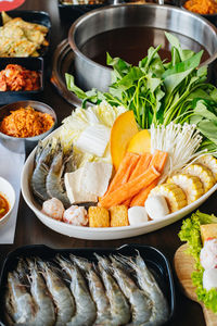 High angle view of food in plate on table