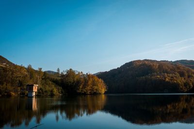 Scenic view of lake by trees against clear sky