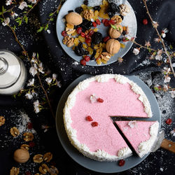 High angle view of cake in plate on table