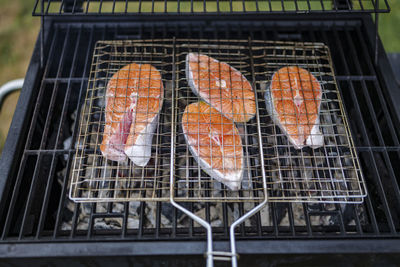 Salmon steaks on grill are coking on the firewood in the backyard.