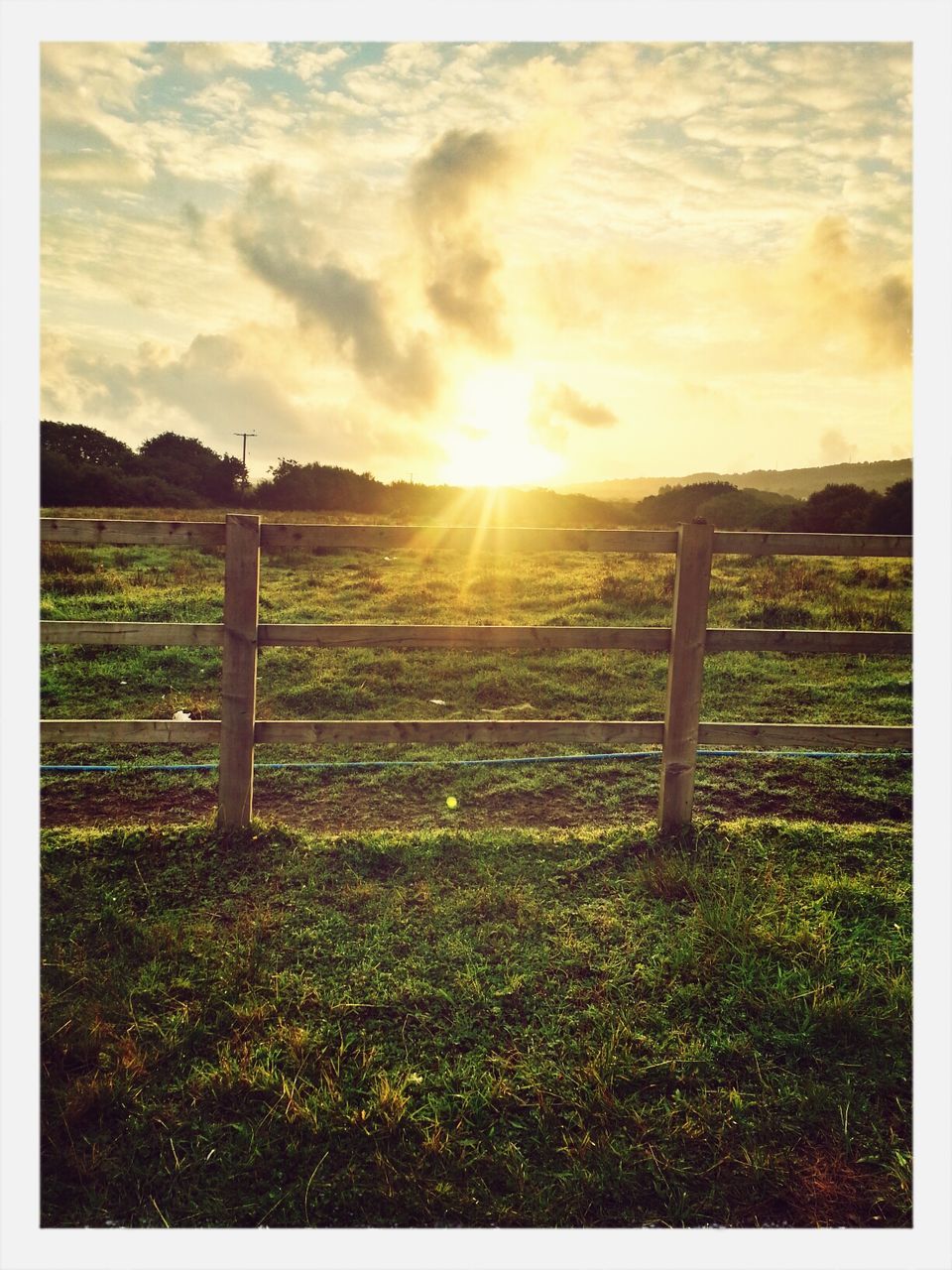 field, transfer print, grass, landscape, sky, tranquil scene, tranquility, fence, auto post production filter, scenics, sun, sunset, nature, beauty in nature, rural scene, cloud - sky, grassy, sunlight, agriculture, growth