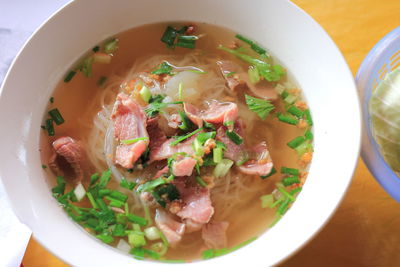 High angle view of soup in bowl on table