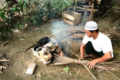 High angle view of man working at farm