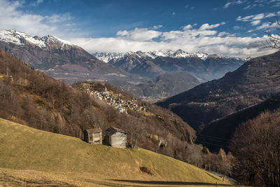 Scenic view of snowcapped mountains against sky