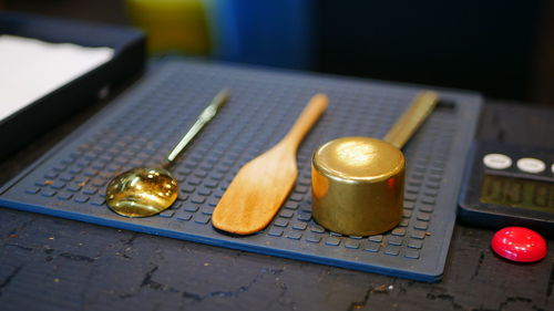 High angle view of candles on table