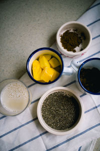 High angle view of fruits in bowl on table