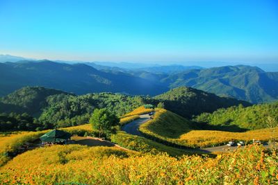 Scenic view of landscape and mountains against sky