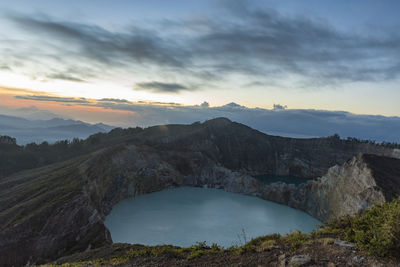 Scenic view of mountains against sky during sunset