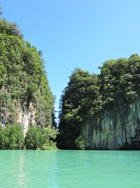 Scenic view of sea against clear blue sky