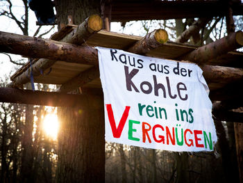 Close-up of information sign on tree trunk