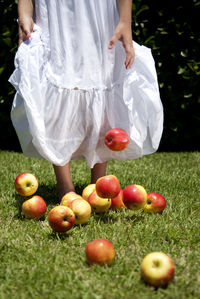 Low section of woman standing on apples