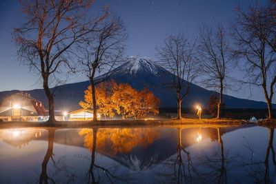 Scenic view of lake against sky during sunset fuji mountain 