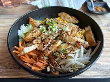 High angle view of food in plate on table