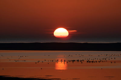 Scenic view of sea against orange sky