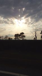 Silhouette trees on field against sky at sunset