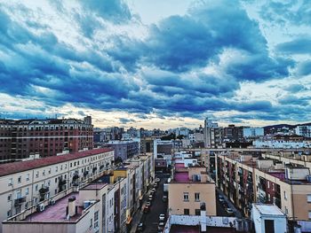High angle view of buildings against sky