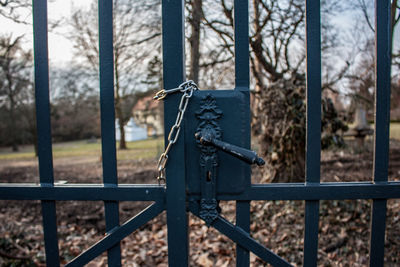 Close-up of locked metallic gate