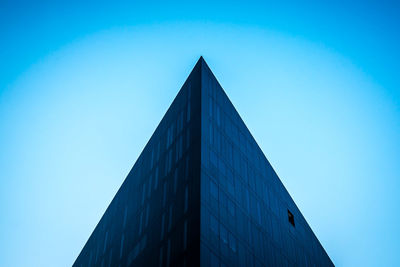 Low angle view of modern building against clear blue sky