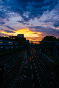 High angle view of railroad tracks against sky at sunset