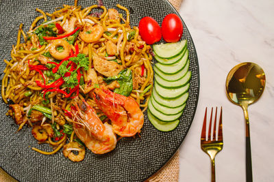 High angle view of seafood on table