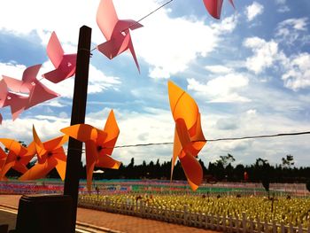 Close-up of flags on field against sky