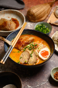 High angle view of food in bowl on table