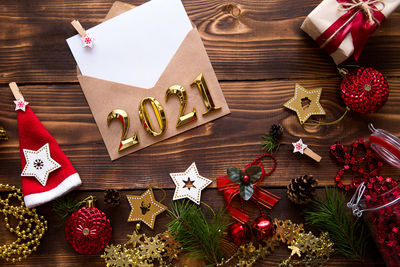 High angle view of christmas decorations on table