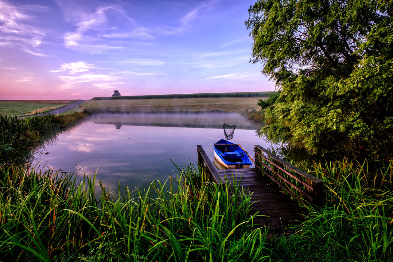 water, sky, plant, cloud - sky, scenics - nature, tranquil scene, nautical vessel, nature, tree, beauty in nature, tranquility, lake, transportation, mode of transportation, grass, non-urban scene, growth, no people, reflection, outdoors