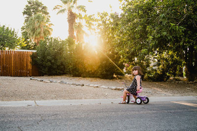 Side view of girl riding tricycle on road