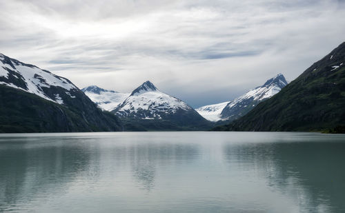 Scenic view of lake and snowcapped mountains against sky