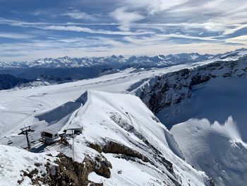 Aerial view of snowcapped mountains against sky