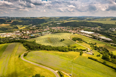 High angle view of agricultural field against sky