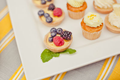 High angle view of tarts and cupcakes in plate on table