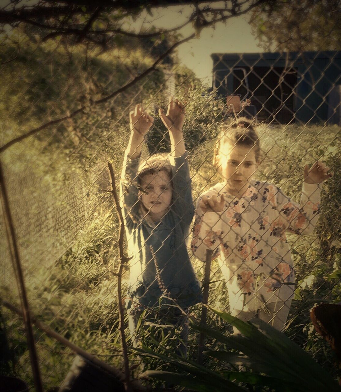 real people, looking at camera, portrait, outdoors, leisure activity, day, cage, childhood, togetherness, close-up, animal themes, double exposure, young adult, mammal
