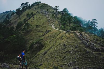 Rear view of man walking on mountain