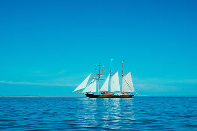 Sailboat sailing in sea against blue sky