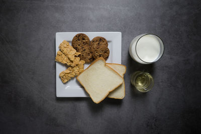 High angle view of breakfast served on table