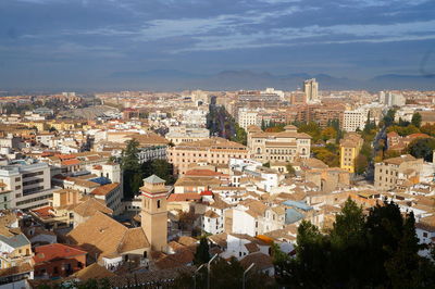 High angle shot of townscape against sky