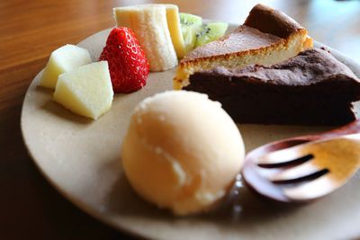 Close-up of fresh food served in plate on table