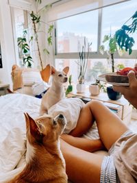 Portrait of woman sitting on bed at home