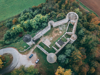 High angle view of road amidst trees