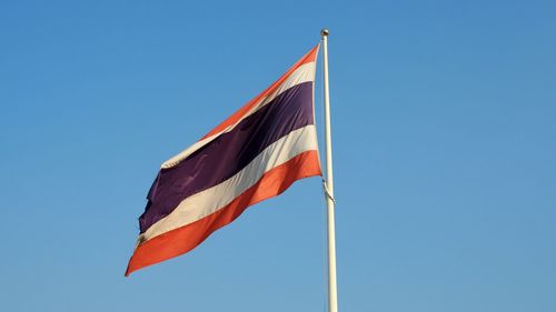 Low angle view of flag against clear blue sky