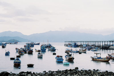 High angle view of boats moored in sea