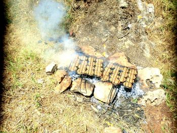 High angle view of bonfire on field in forest