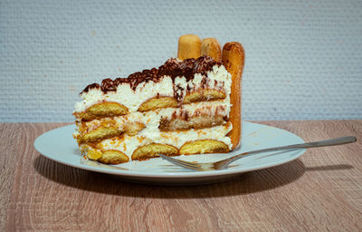 Close-up of cake in plate on table