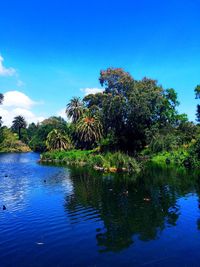 Scenic view of lake against blue sky