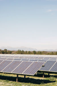 Solar panels mounted in rows against sky in field