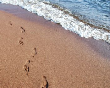 High angle view of footprints on beach